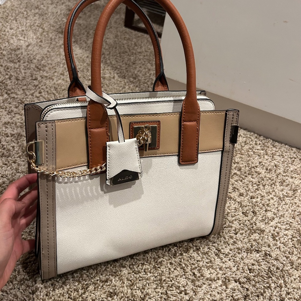 ALDO Structured Top Handle Satchel Handbag White & Tan Gold Hardware